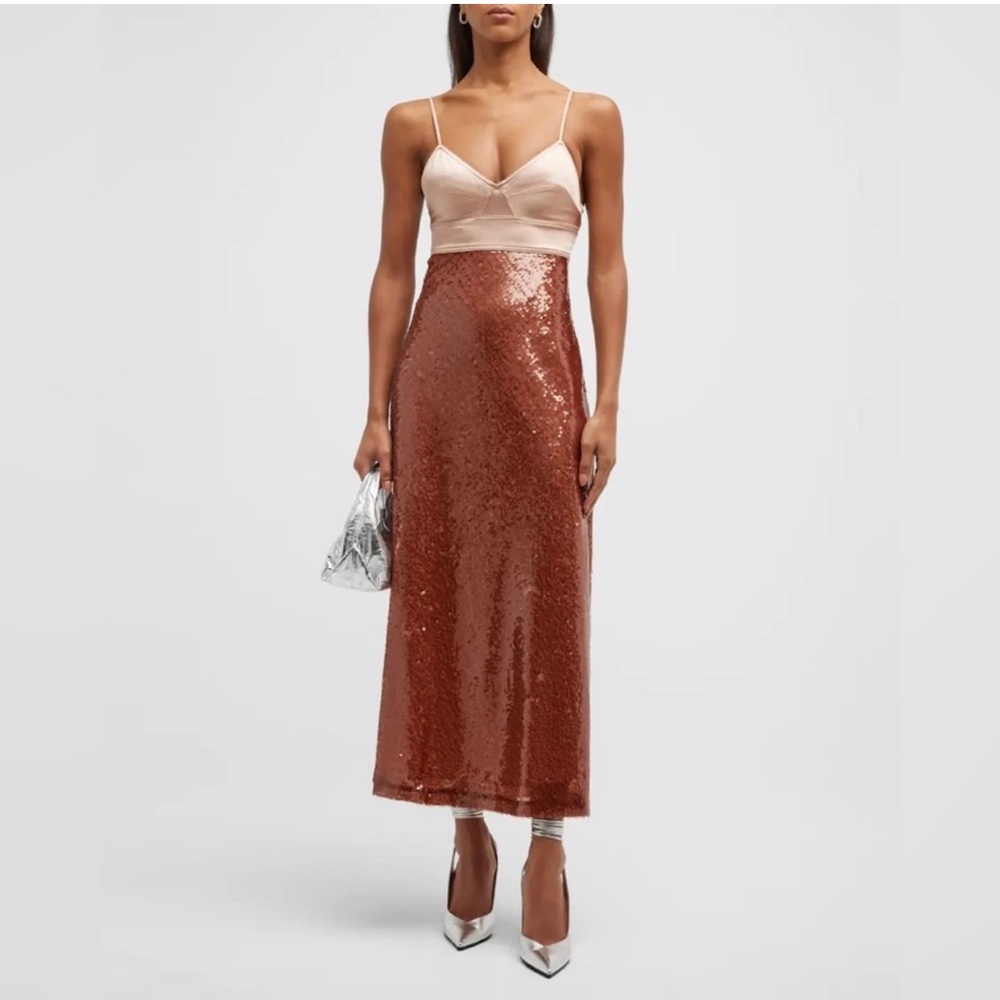 ALC Gisele Sequin Dress Satin Bustier Boddice in Copper and Blush Pink 0 Elegant